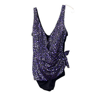 Longitude One Piece Swimsuit Plus Size 24W Black Purple Gold Wrap Front Leopard